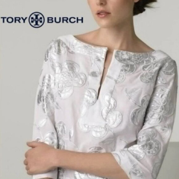 Tory Burch Tops - Tory Burch Rochelle Ivory Silver Floral Embroidered Applique Cotton Top Blouse 6